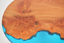 Load image into Gallery viewer, Unique and stunning burl Scottish Elm side table with transparent blue resin.
