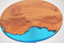 Load image into Gallery viewer, Unique and stunning burl Scottish Elm side table with transparent blue resin.
