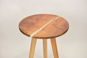Hand made Scottish burl Elm side table with pearl white resin, End table.