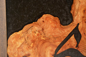 Large burl Scottish Elm engraving with black resin wall art decor.