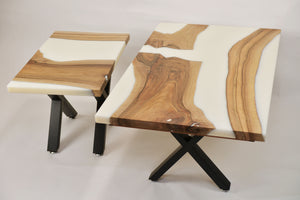 Walnut and white resin coffee and side tables.