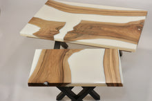 Load image into Gallery viewer, Walnut and white resin coffee and side tables.

