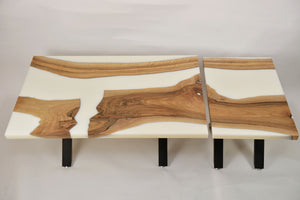 Walnut and white resin coffee and side tables.