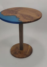 Load and play video in Gallery viewer, Unique and stunning burl Scottish Elm side table with transparent blue resin.
