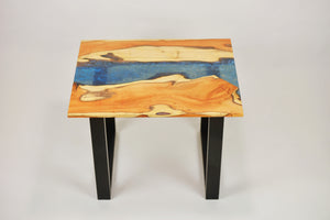 English yew coffee table with blue and sapphire epoxy resin