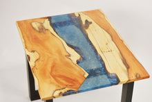 Load image into Gallery viewer, English yew coffee table with blue and sapphire epoxy resin
