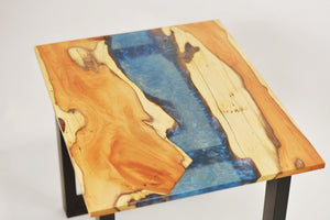 English yew coffee table with blue and sapphire epoxy resin