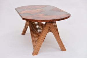 Burl Scottish Elm oval black transparent epoxy resin coffee table with creative DNA Oak wood legs.