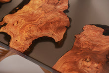 Load image into Gallery viewer, Burl Scottish Elm oval black transparent epoxy resin coffee table with creative DNA Oak wood legs.
