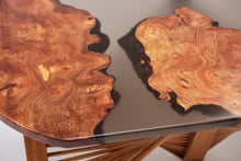 Load image into Gallery viewer, Burl Scottish Elm oval black transparent epoxy resin coffee table with creative DNA Oak wood legs.
