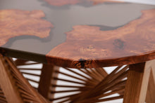 Load image into Gallery viewer, Burl Scottish Elm oval black transparent epoxy resin coffee table with creative DNA Oak wood legs.
