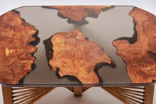 Load image into Gallery viewer, Burl Scottish Elm oval black transparent epoxy resin coffee table with creative DNA Oak wood legs.
