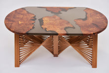 Charger l&#39;image dans la visionneuse de la galerie, Burl Scottish Elm oval black transparent epoxy resin coffee table with creative DNA Oak wood legs.
