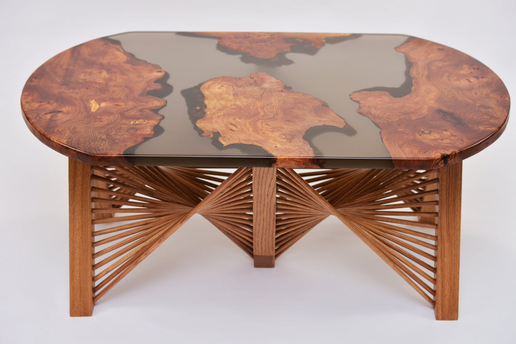 Burl Scottish Elm oval black transparent epoxy resin coffee table with creative DNA Oak wood legs.