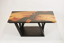 Load image into Gallery viewer, Black Resin Scottish Elm Wooden Coffee Table with creative oak wood base.
