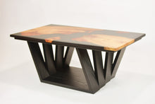 Load image into Gallery viewer, Black Resin Scottish Elm Wooden Coffee Table with creative oak wood base.
