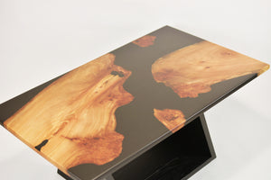Black Resin Scottish Elm Wooden Coffee Table with creative oak wood base.