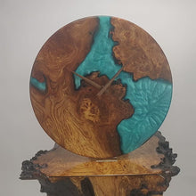 Load and play video in Gallery viewer, Turquoise epoxy resin with burl Scottish Elm hanging wall clock 35cm Diameter, Clock could be rotate to any hanging position.
