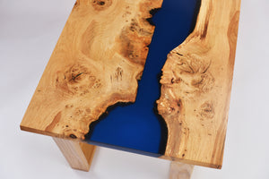 Live edge river resin coffee table with dark blue transparent epoxy resin