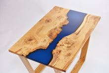 Load image into Gallery viewer, Live edge river resin coffee table with dark blue transparent epoxy resin
