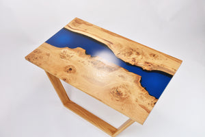 Live edge river resin coffee table with dark blue transparent epoxy resin