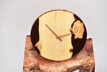 Load image into Gallery viewer, Black transparent epoxy resin with pippy oak hanging wall clock 30 cm diameter.
