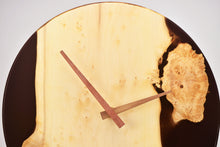 Load image into Gallery viewer, Black transparent epoxy resin with pippy oak hanging wall clock 30 cm diameter.
