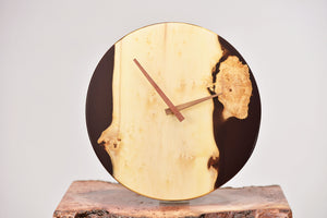 Black transparent epoxy resin with pippy oak hanging wall clock 30 cm diameter.