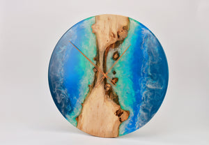 Large English oak and resin art clock Inspired reef and sea waves colors