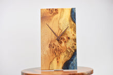 Load image into Gallery viewer, Purr oak with blue epoxy resin wall clock
