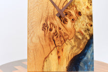 Load image into Gallery viewer, Purr oak with blue epoxy resin wall clock
