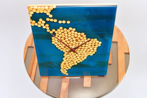 Ocean blue epoxy resin with wood balls, south american map wall clock