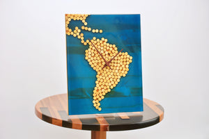 Ocean blue epoxy resin with wood balls, south american map wall clock