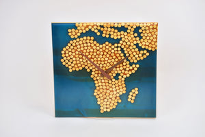 Ocean blue epoxy resin with wood balls, African map wall clock