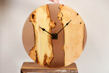 Load image into Gallery viewer, Large light black and brown transparent epoxy resin with pippy oak wall clock, 57cm Diameter.
