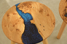Load image into Gallery viewer, Hand made stunning pippy oak side table set of two with mixed blue and mid night blue resin, End table.
