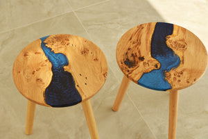 Hand made stunning pippy oak side table set of two with mixed blue and mid night blue resin, End table.