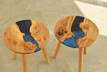 Load image into Gallery viewer, Hand made stunning pippy oak side table set of two with mixed blue and mid night blue resin, End table.
