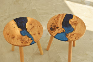Hand made stunning pippy oak side table set of two with mixed blue and mid night blue resin, End table.